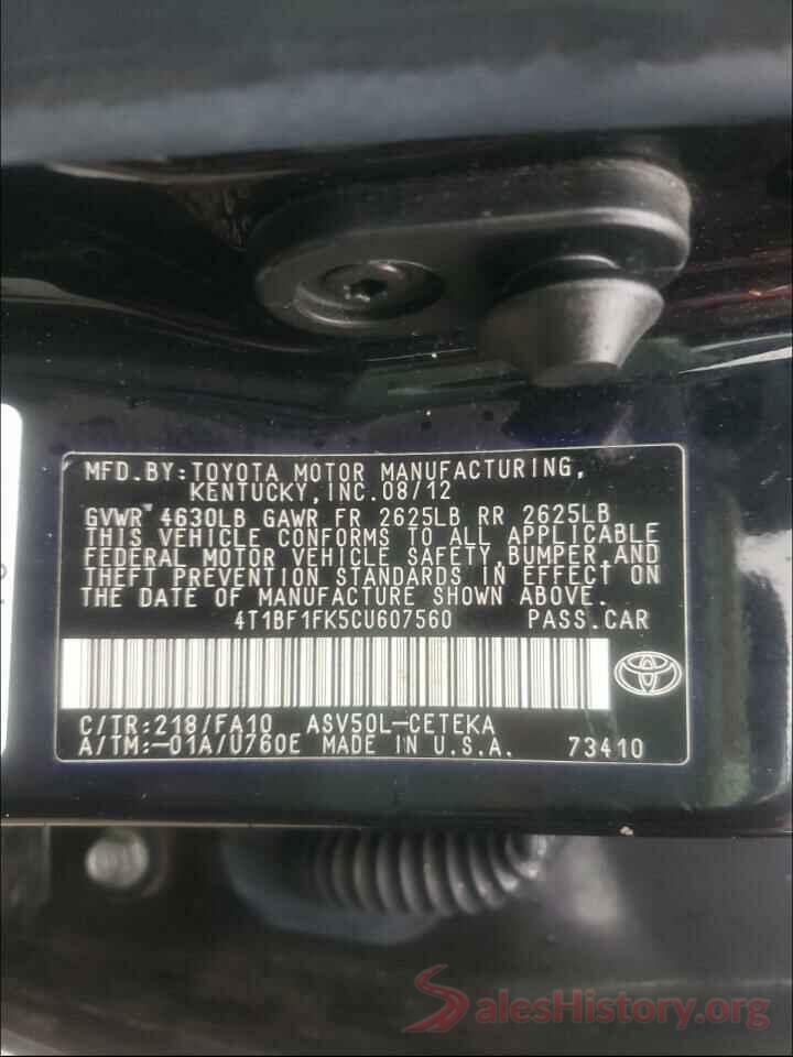 4T1BF1FK5CU607560 2012 TOYOTA CAMRY