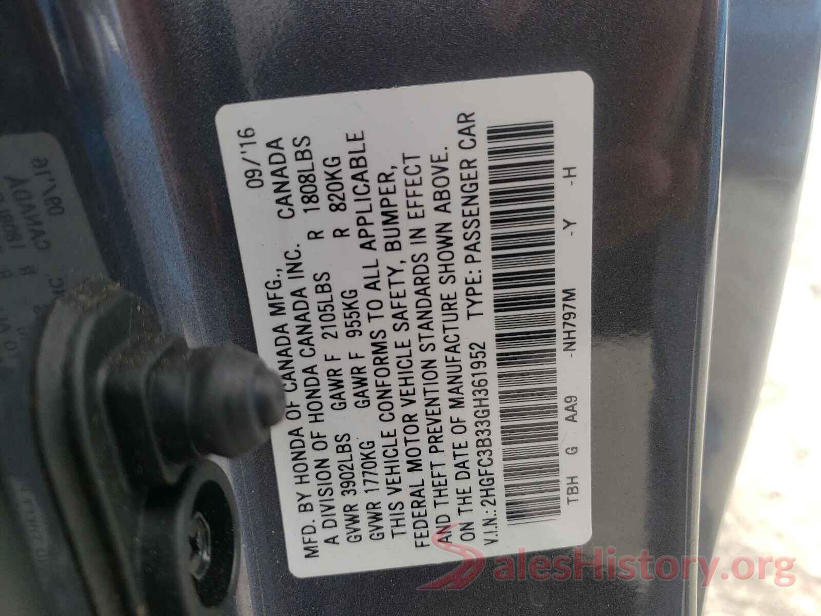 2HGFC3B33GH361952 2016 HONDA CIVIC