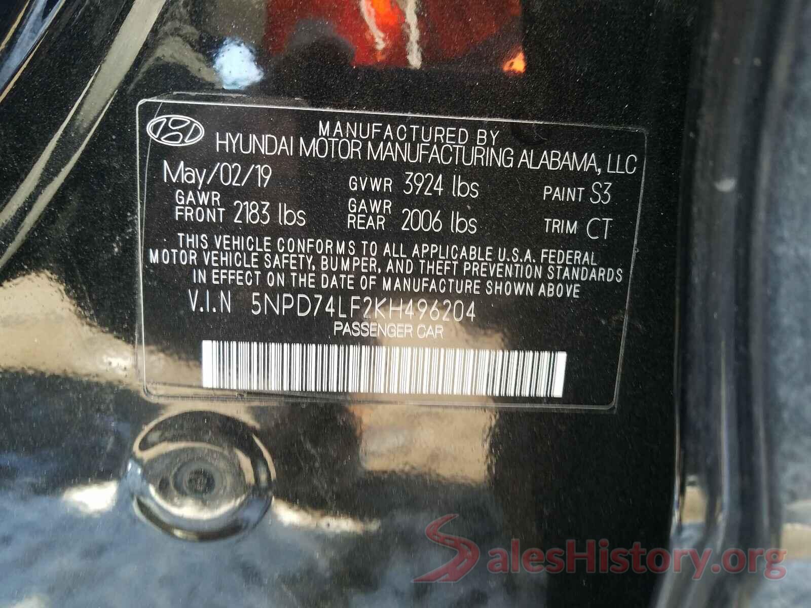 5NPD74LF2KH496204 2019 HYUNDAI ELANTRA