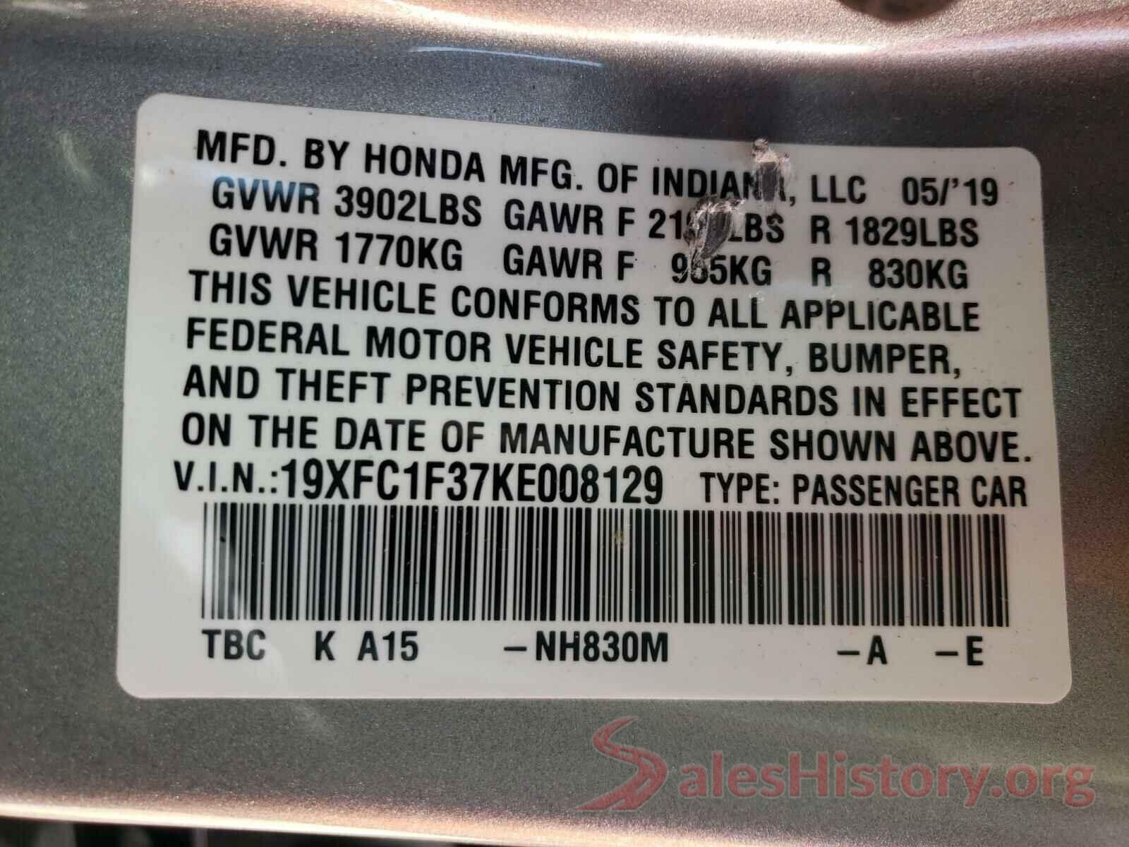 19XFC1F37KE008129 2019 HONDA CIVIC