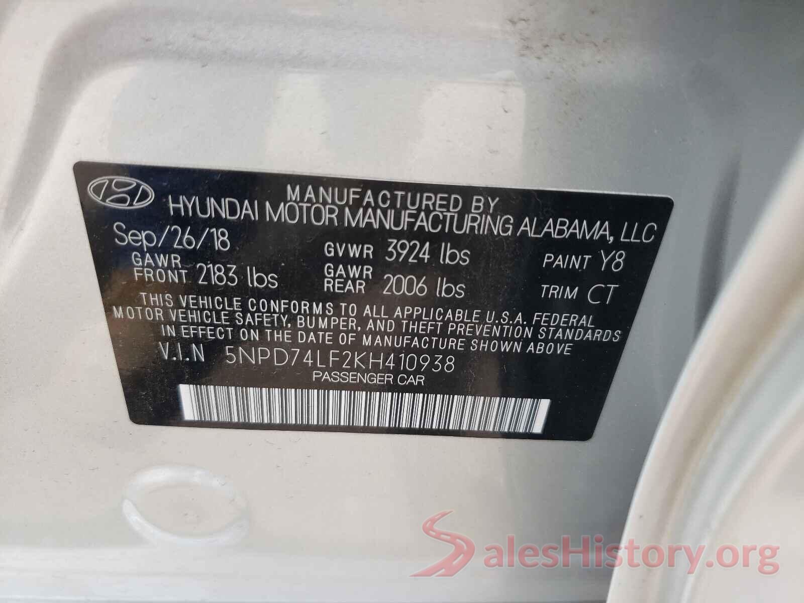 5NPD74LF2KH410938 2019 HYUNDAI ELANTRA