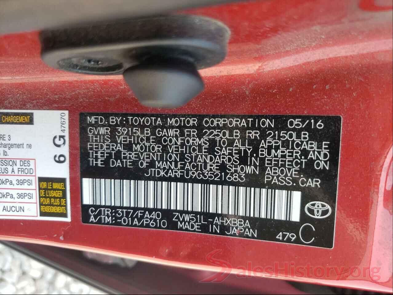 JTDKARFU9G3521683 2016 TOYOTA PRIUS