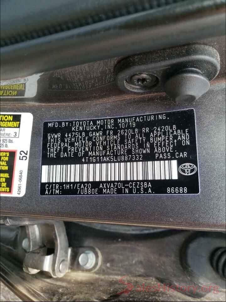 4T1G11AK5LU887332 2020 TOYOTA CAMRY