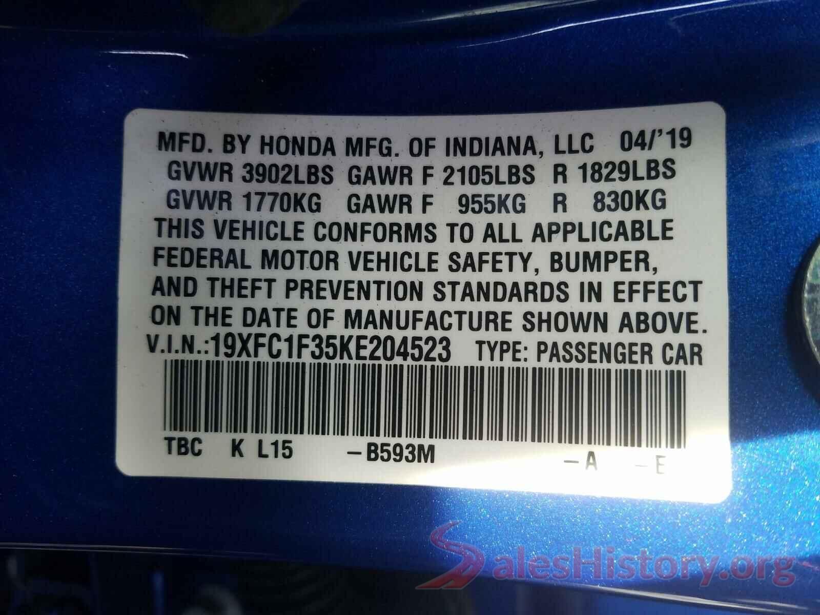 19XFC1F35KE204523 2019 HONDA CIVIC