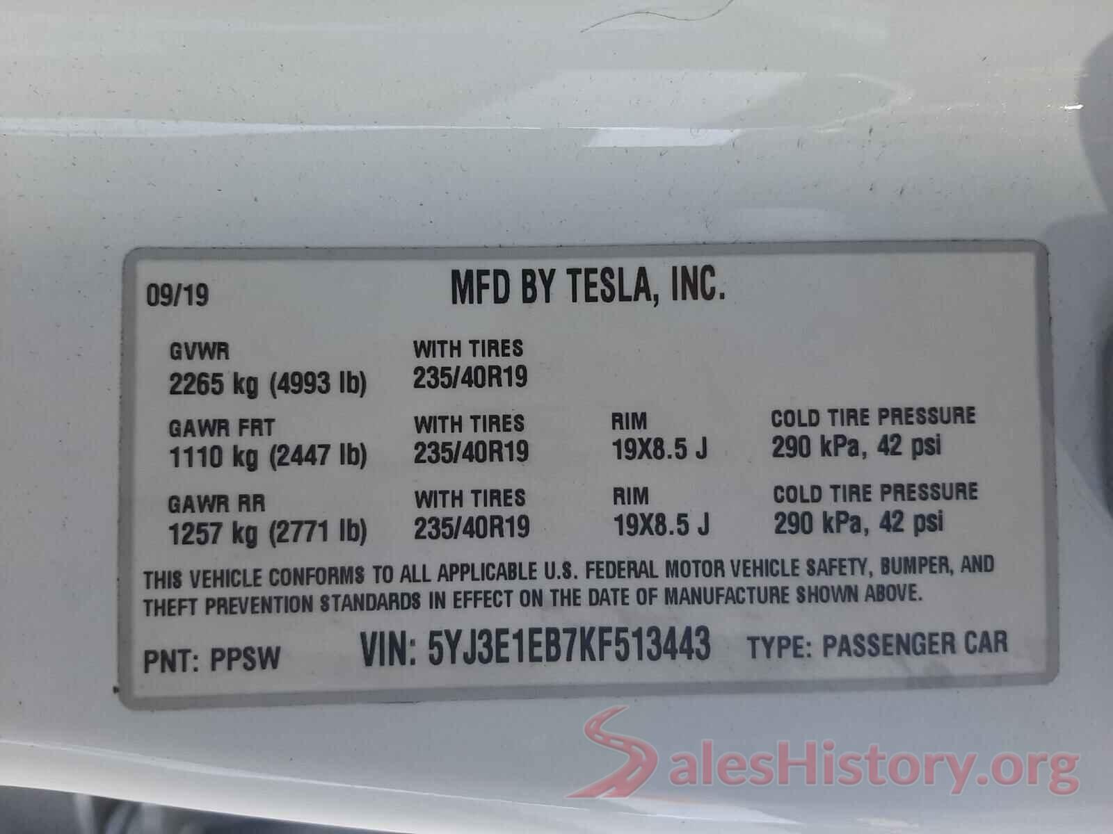 5YJ3E1EB7KF513443 2019 TESLA MODEL 3