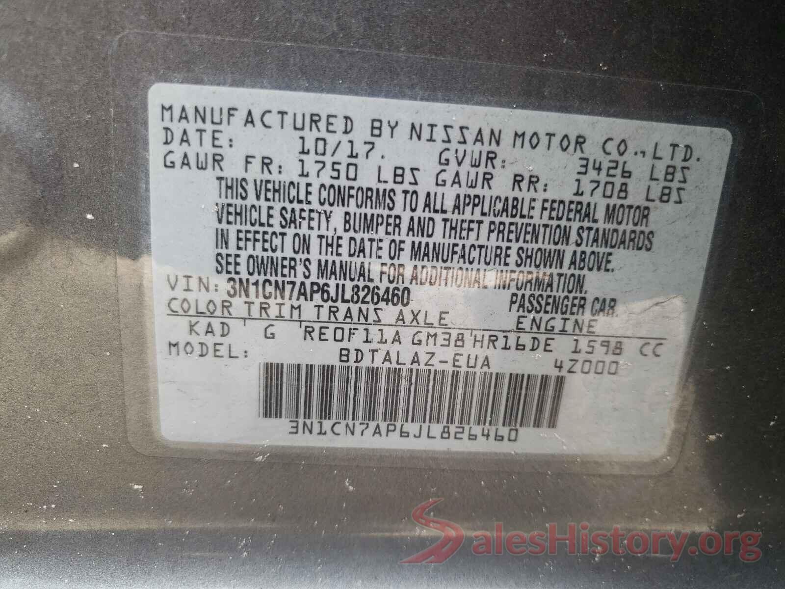 3N1CN7AP6JL826460 2018 NISSAN VERSA