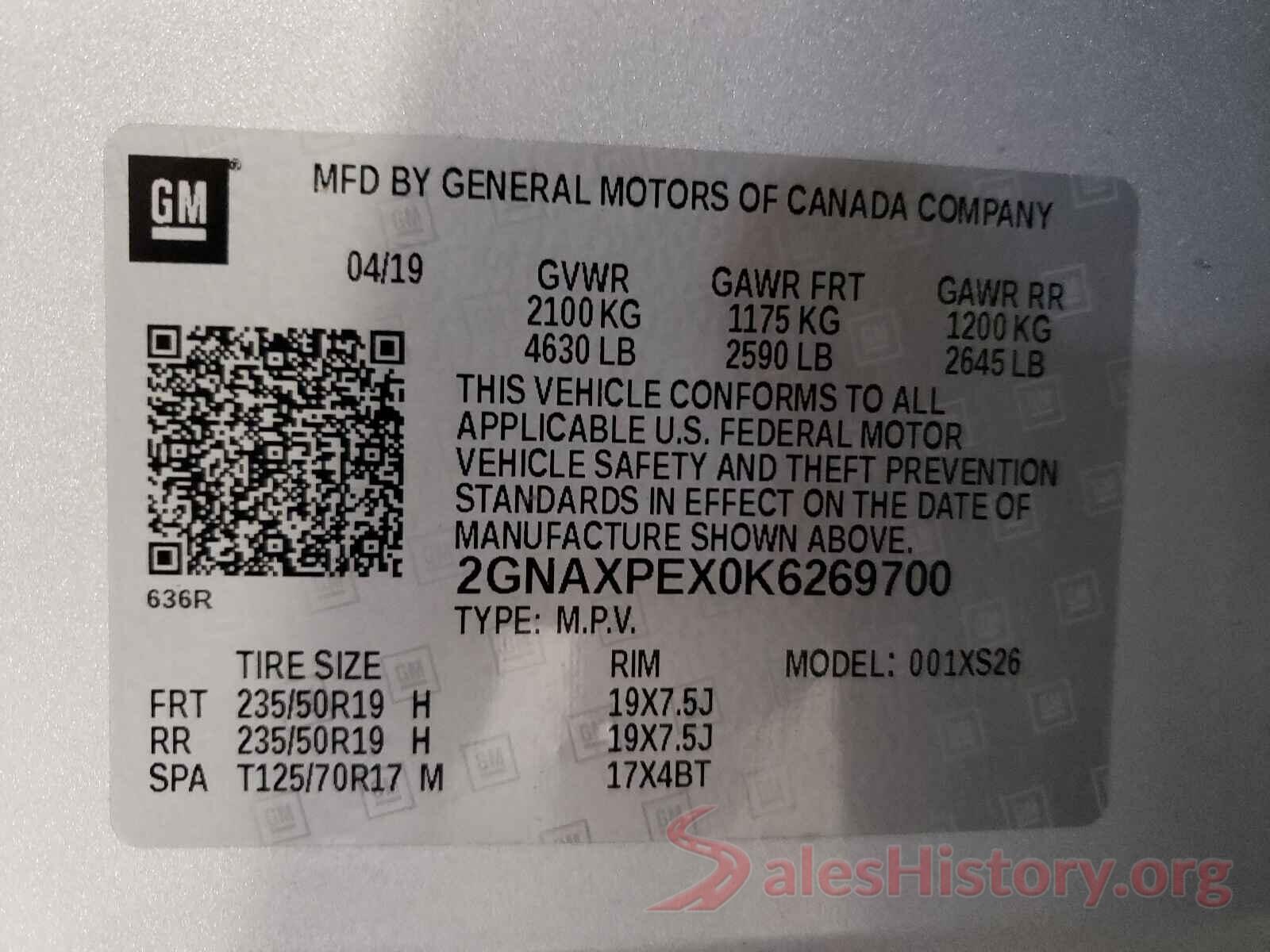 2GNAXPEX0K6269700 2019 CHEVROLET EQUINOX