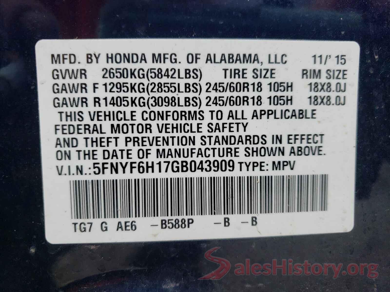 5FNYF6H17GB043909 2016 HONDA PILOT