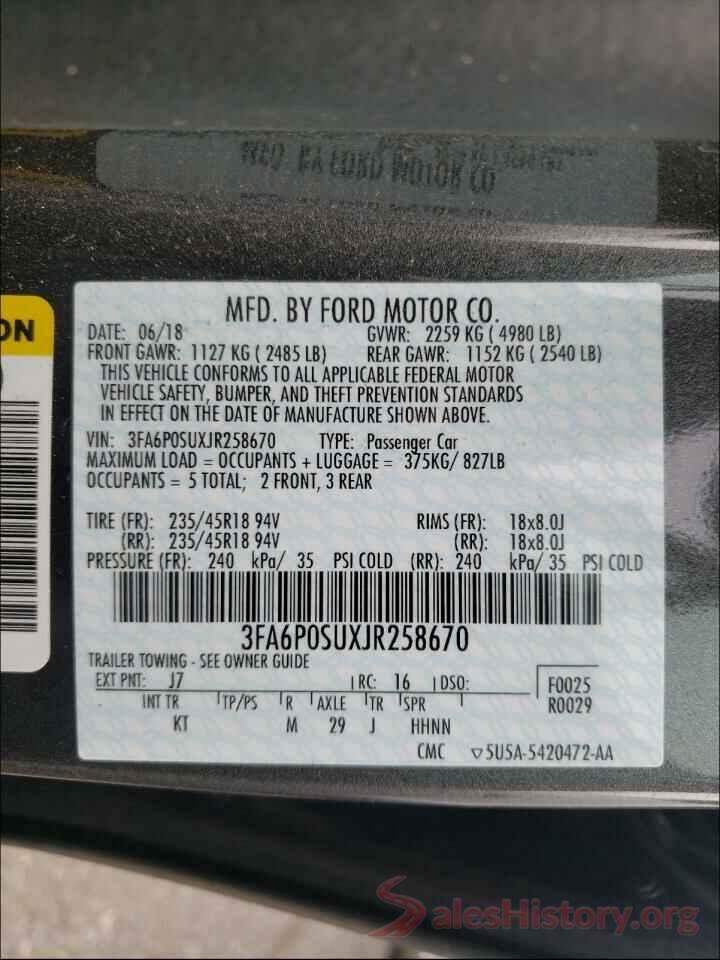 3FA6P0SUXJR258670 2018 FORD FUSION