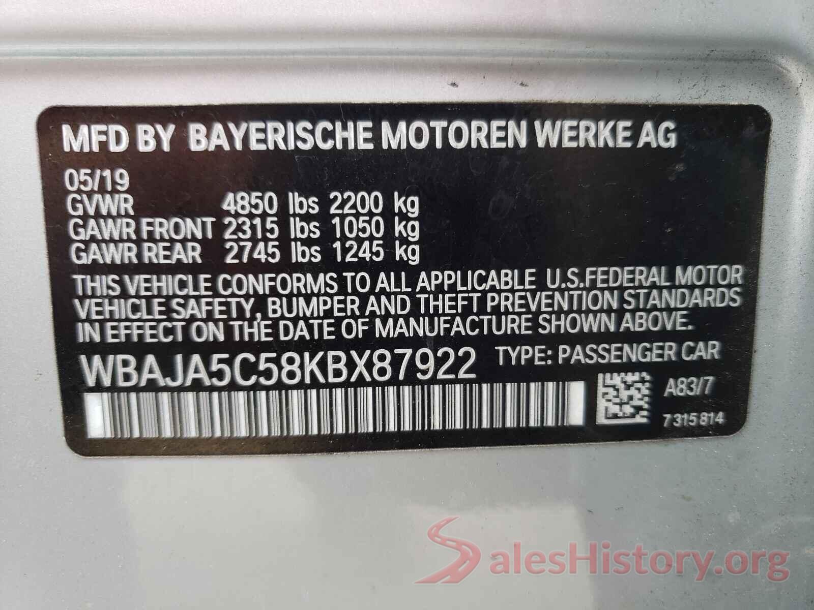 WBAJA5C58KBX87922 2019 BMW 5 SERIES