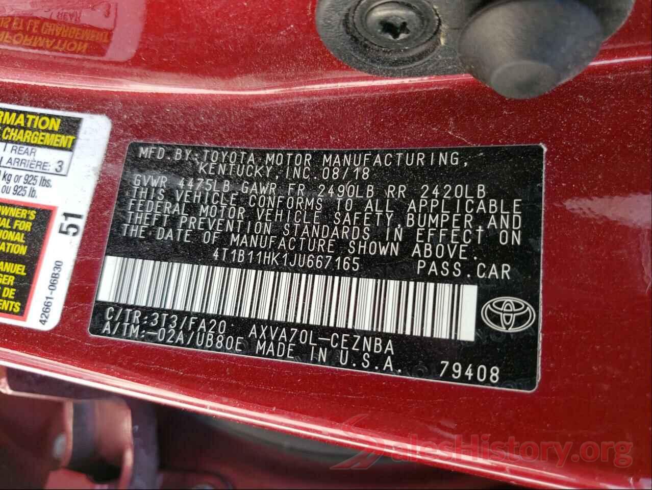 4T1B11HK1JU667165 2018 TOYOTA CAMRY