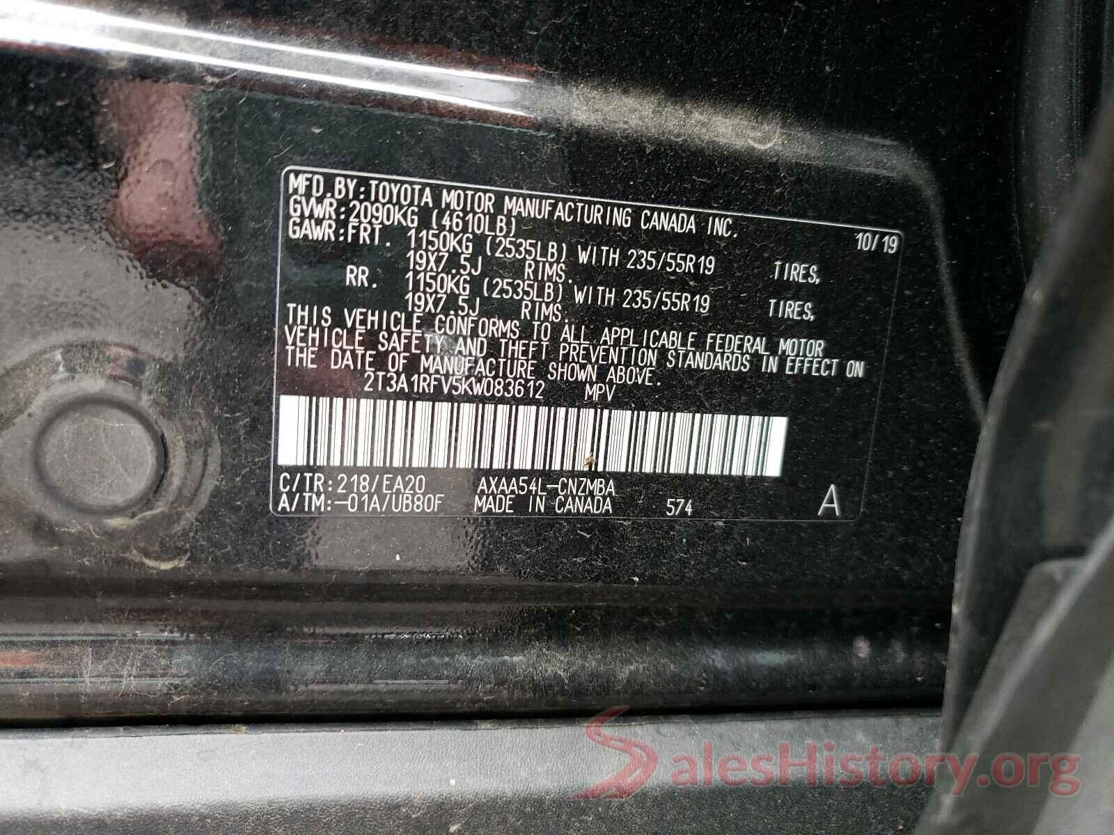 2T3A1RFV5KW083612 2019 TOYOTA RAV4