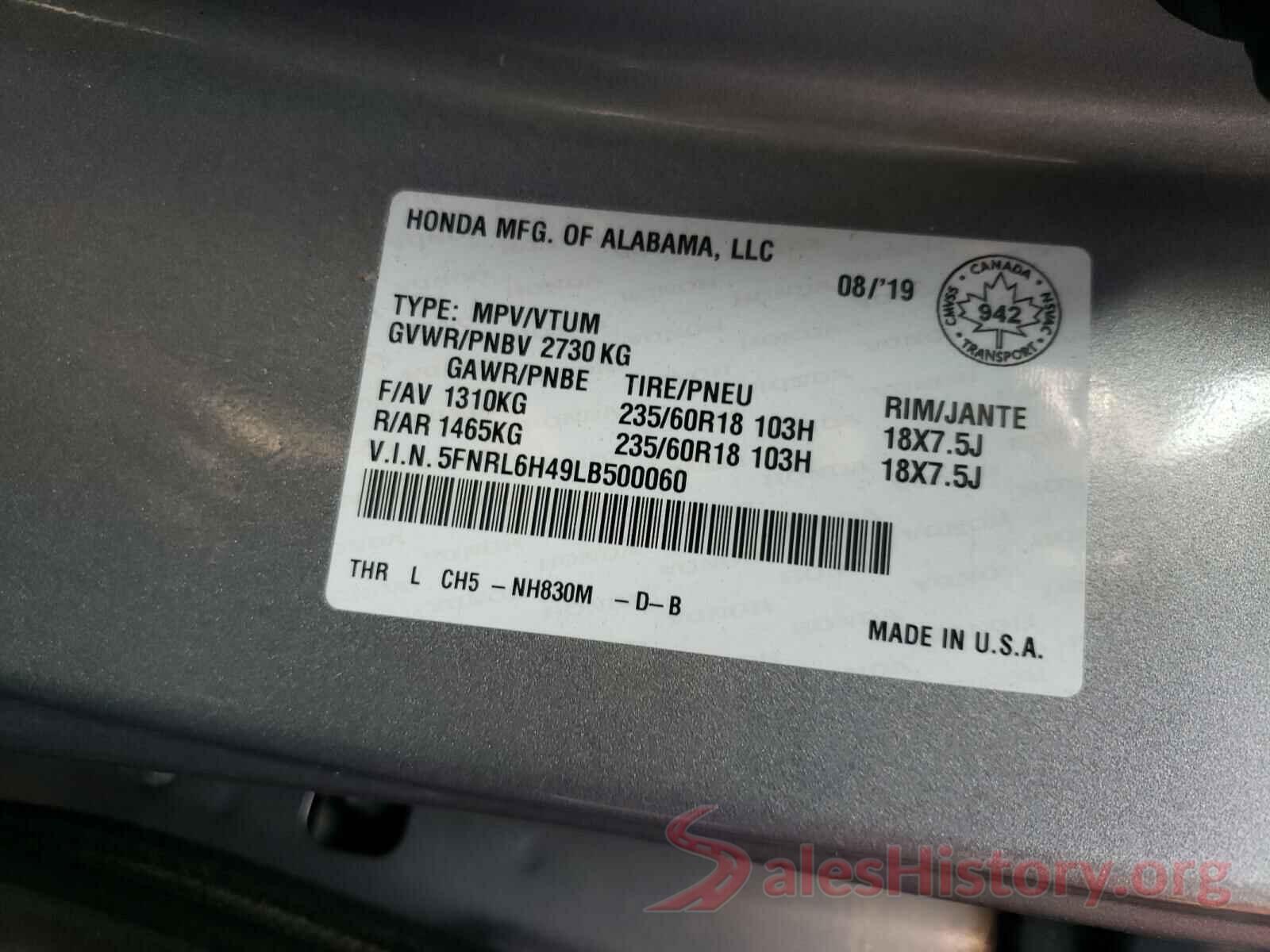 5FNRL6H49LB500060 2020 HONDA ODYSSEY