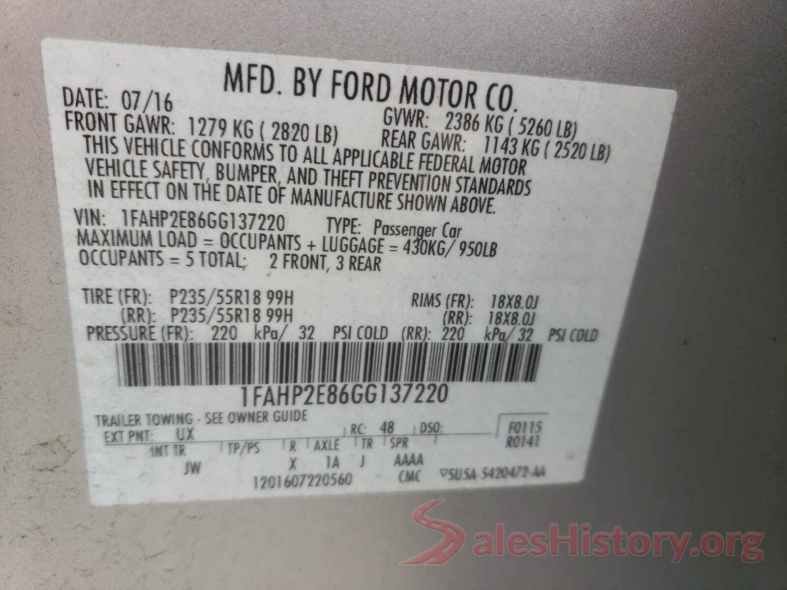 1FAHP2E86GG137220 2016 FORD TAURUS