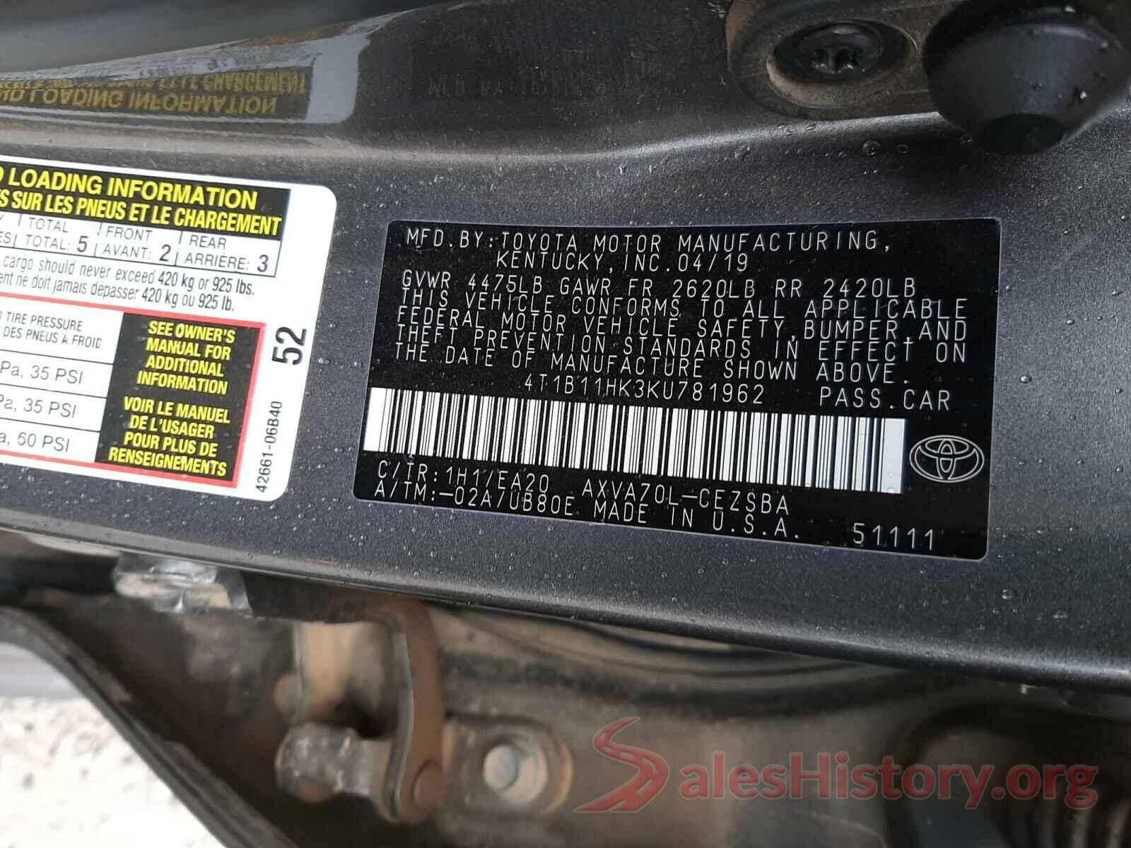 4T1B11HK3KU781962 2019 TOYOTA CAMRY