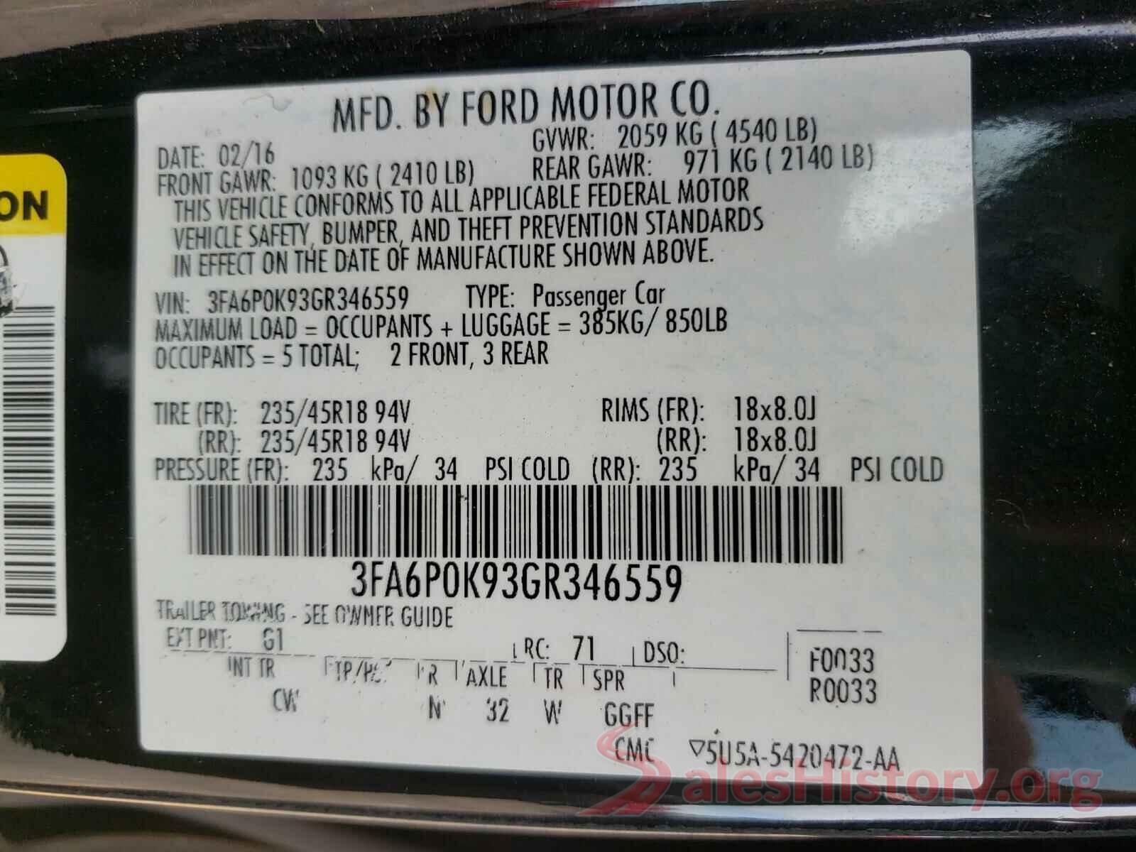 3FA6P0K93GR346559 2016 FORD FUSION