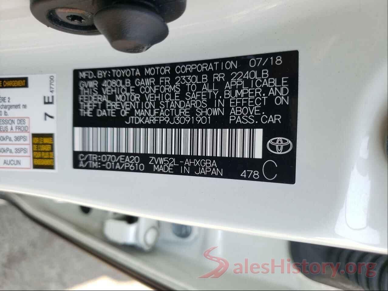 JTDKARFP9J3091901 2018 TOYOTA PRIUS