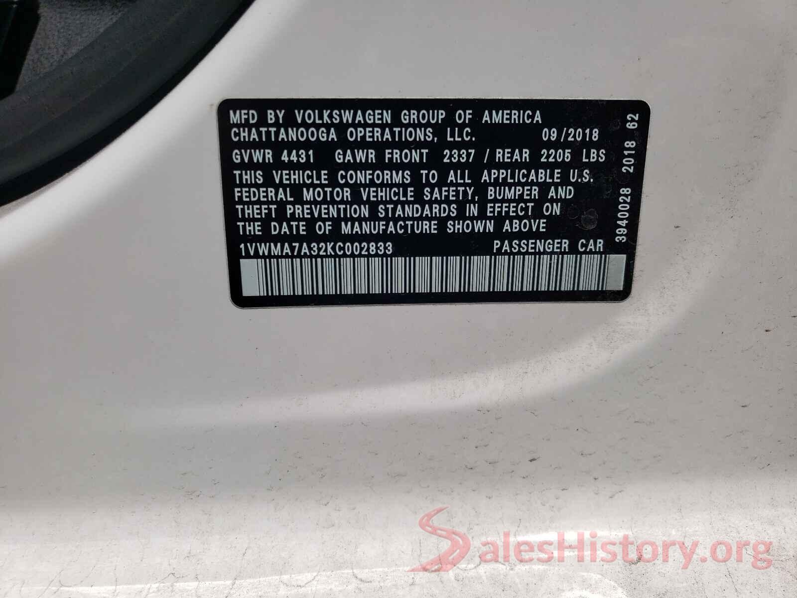 1VWMA7A32KC002833 2019 VOLKSWAGEN PASSAT