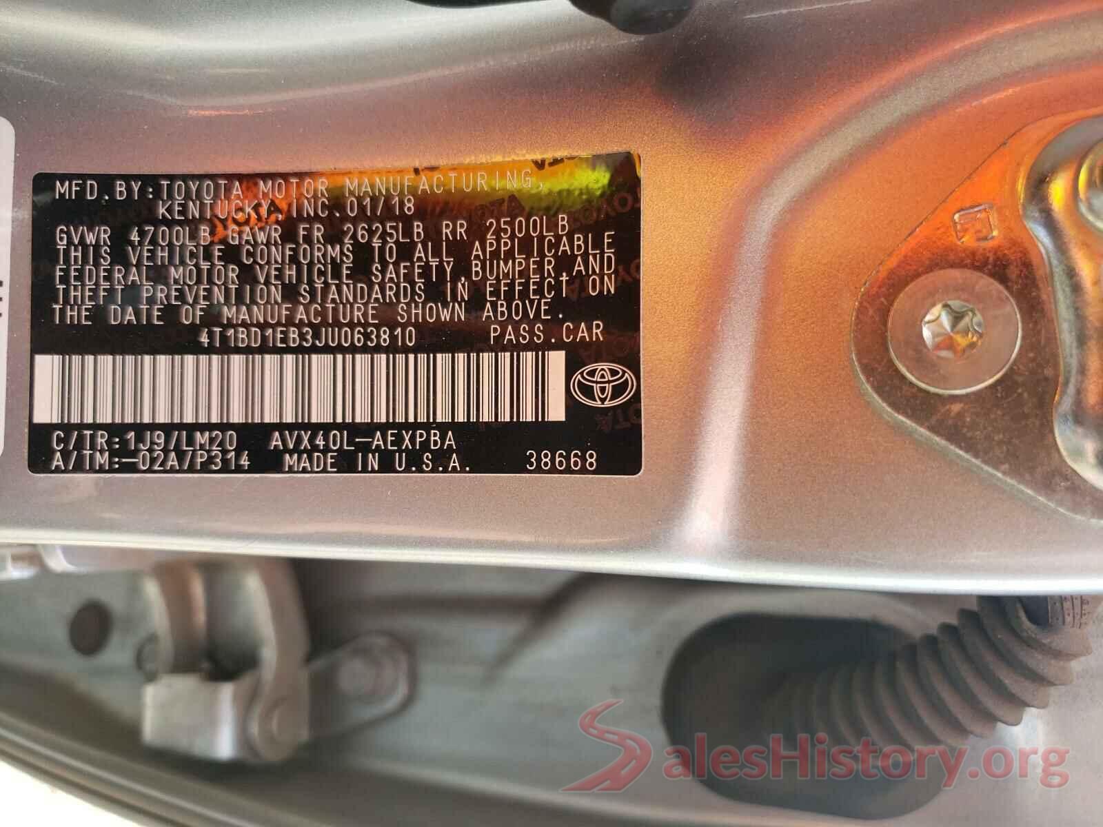 4T1BD1EB3JU063810 2018 TOYOTA AVALON