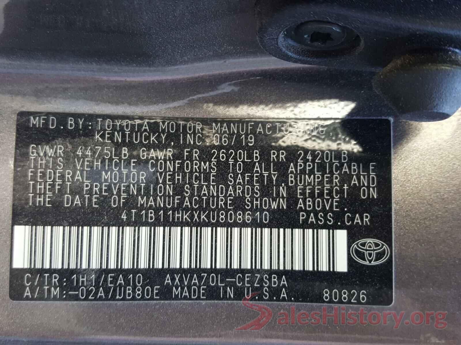 4T1B11HKXKU808610 2019 TOYOTA CAMRY