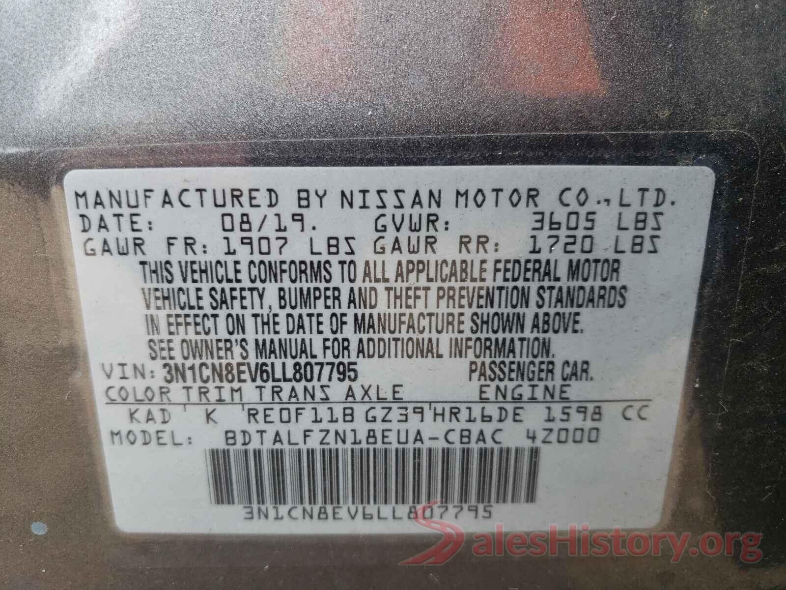 3N1CN8EV6LL807795 2020 NISSAN VERSA