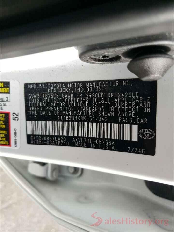 4T1B21HK8KU517343 2019 TOYOTA CAMRY