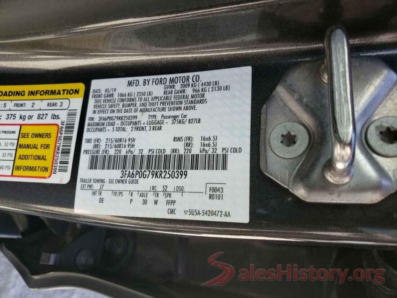 3FA6P0G79KR250399 2019 FORD FUSION