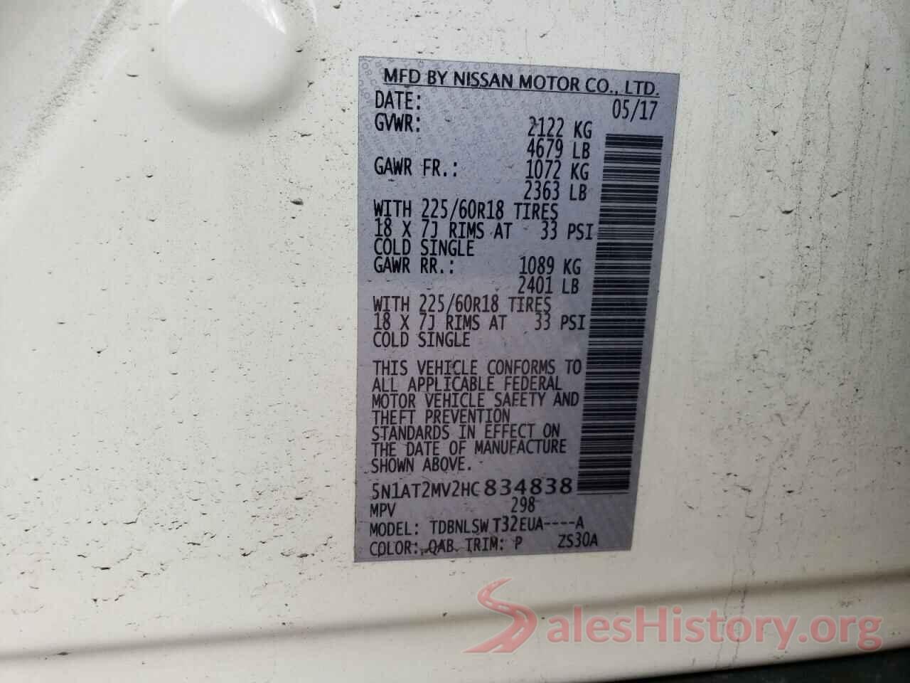 5N1AT2MV2HC834838 2017 NISSAN ROGUE