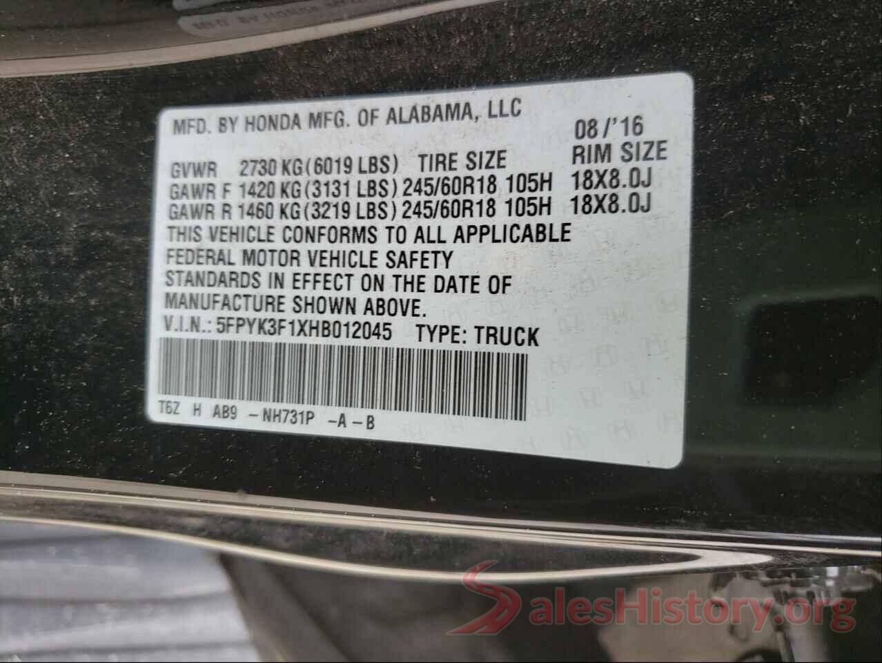 5FPYK3F1XHB012045 2017 HONDA RIDGELINE