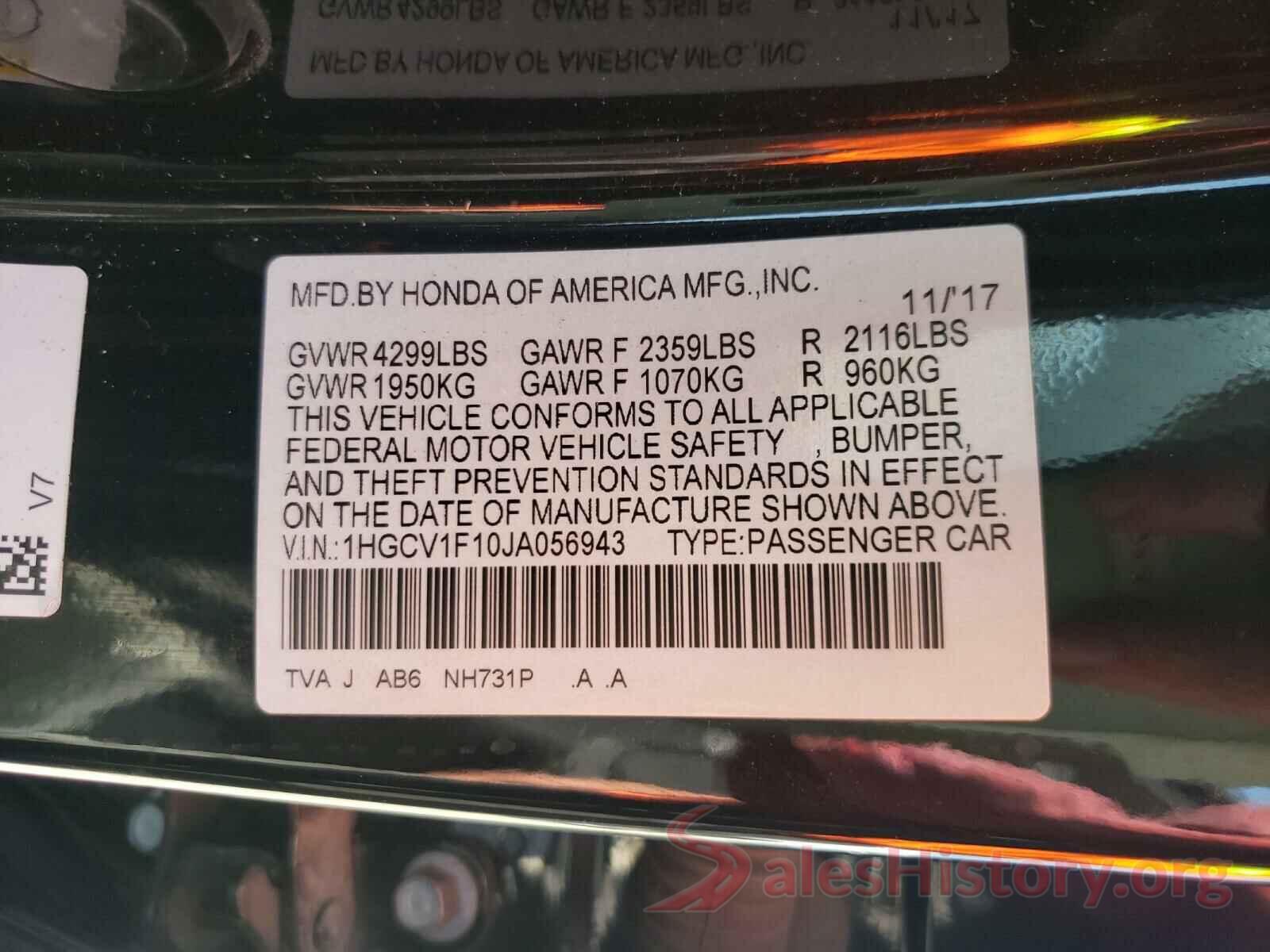 1HGCV1F10JA056943 2018 HONDA ACCORD