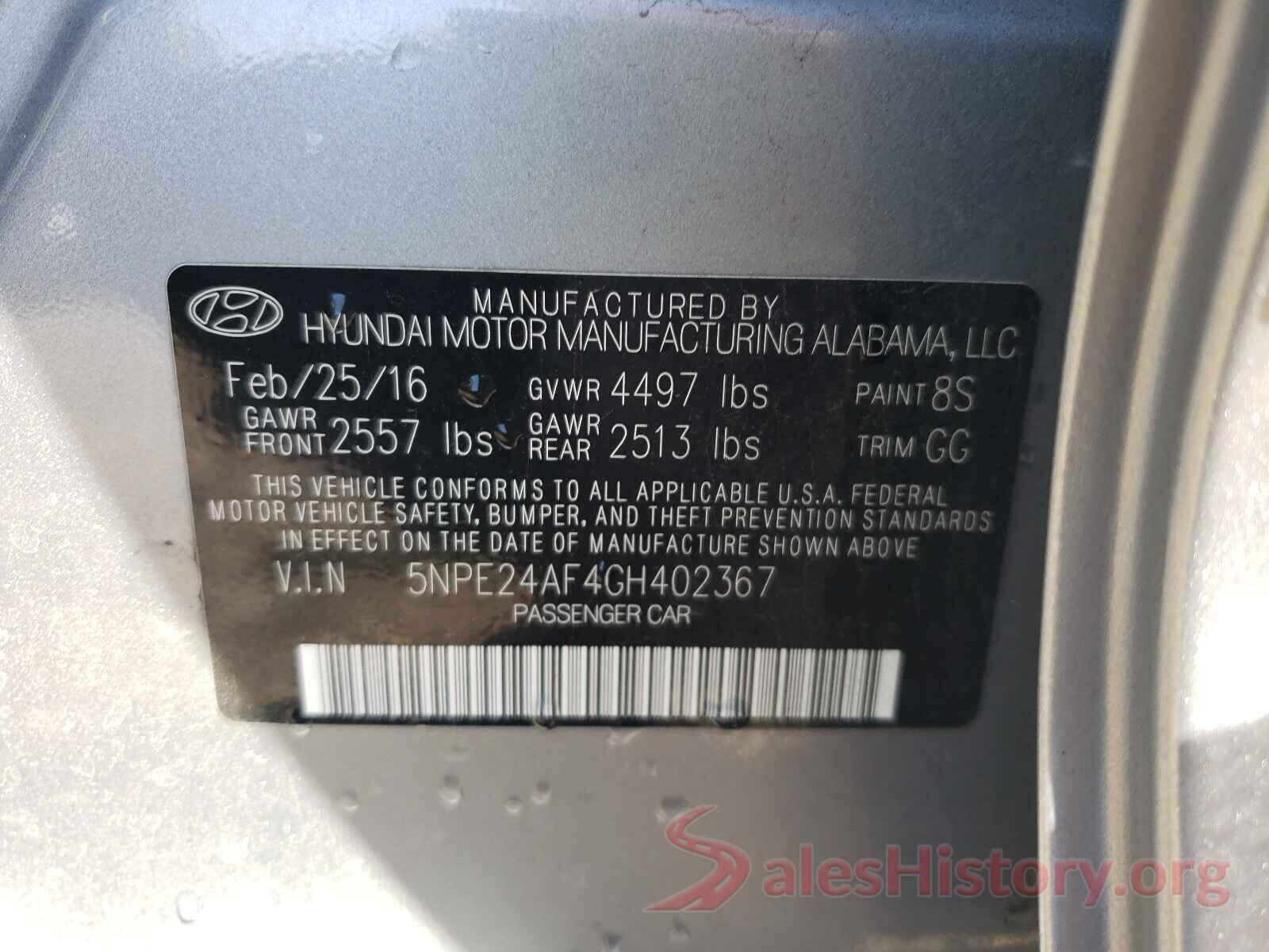 5NPE24AF4GH402367 2016 HYUNDAI SONATA