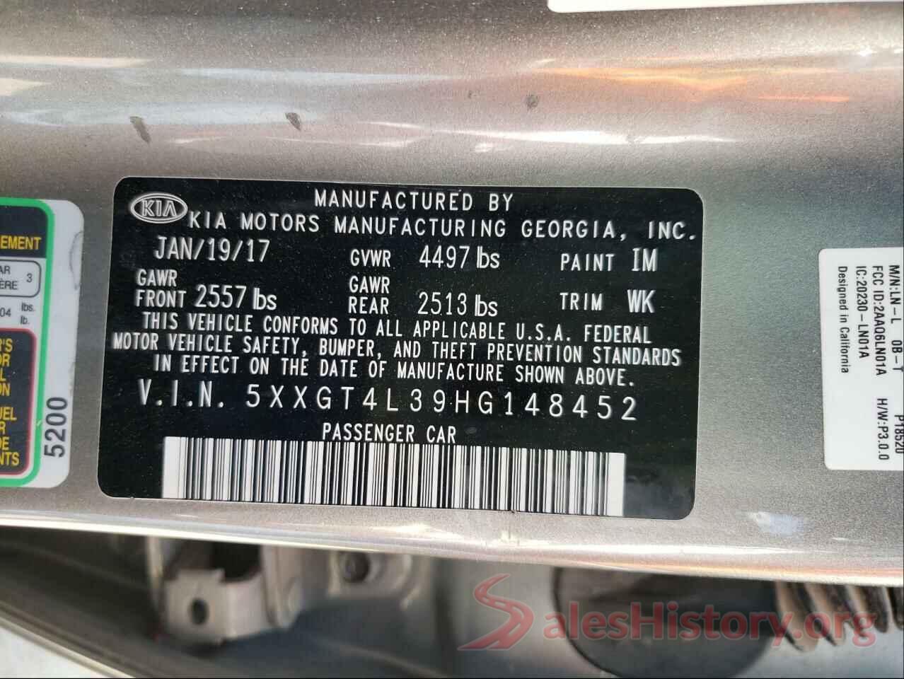 5XXGT4L39HG148452 2017 KIA OPTIMA