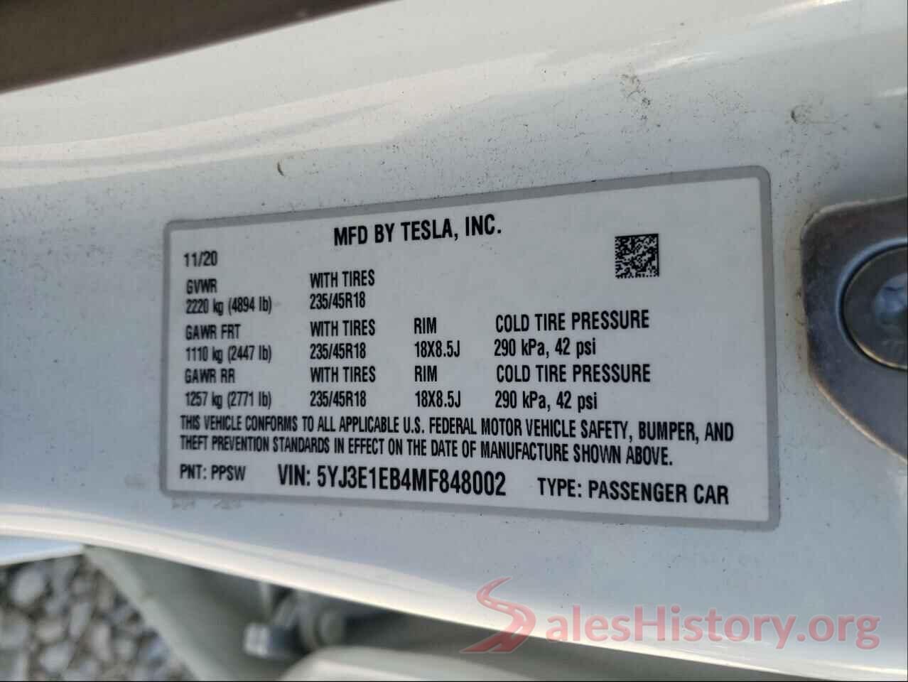 5YJ3E1EB4MF848002 2021 TESLA MODEL 3