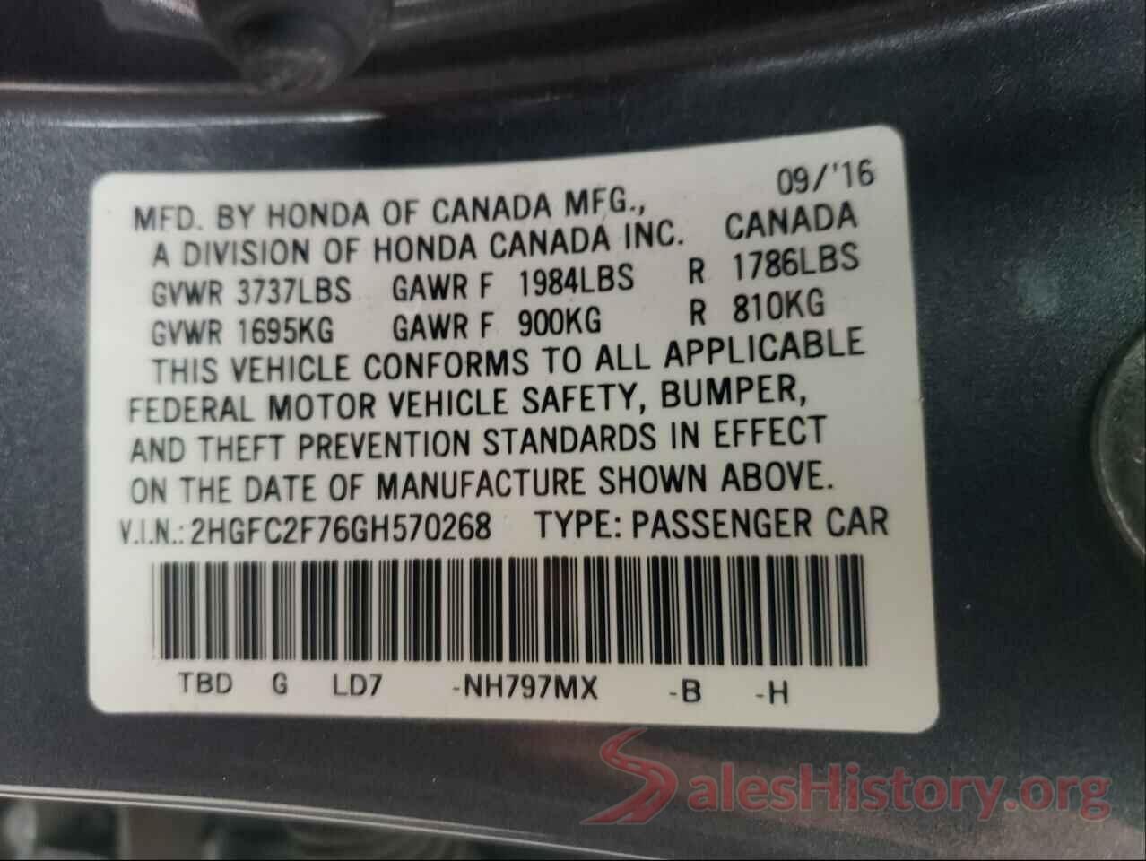 2HGFC2F76GH570268 2016 HONDA CIVIC