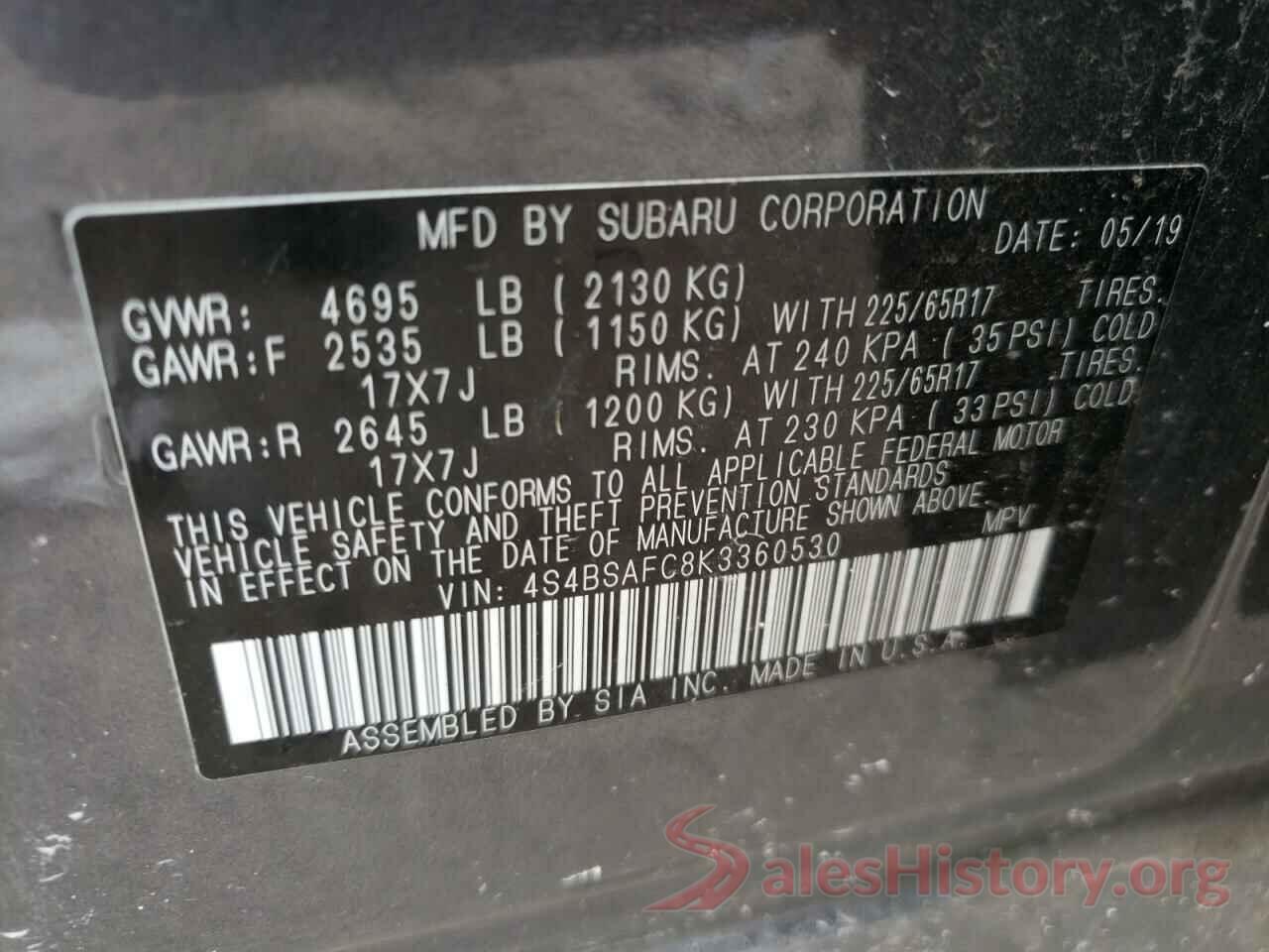 4S4BSAFC8K3360530 2019 SUBARU OUTBACK