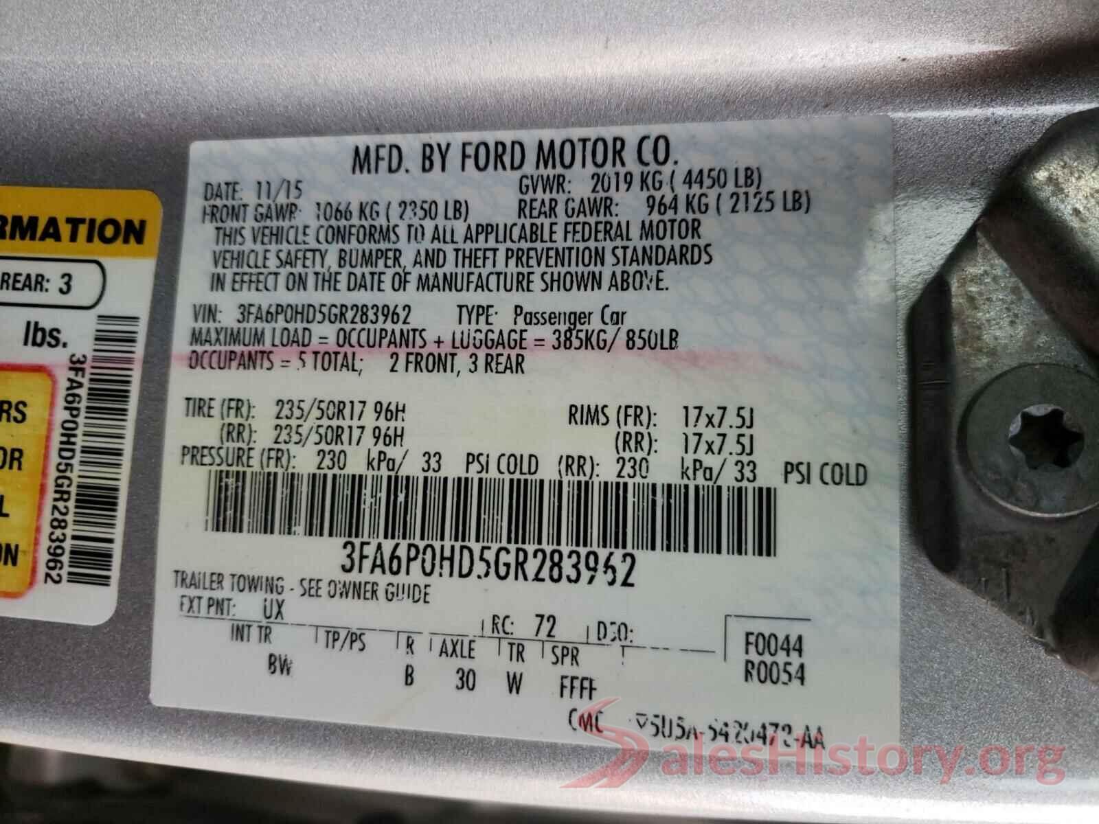 3FA6P0HD5GR283962 2016 FORD FUSION