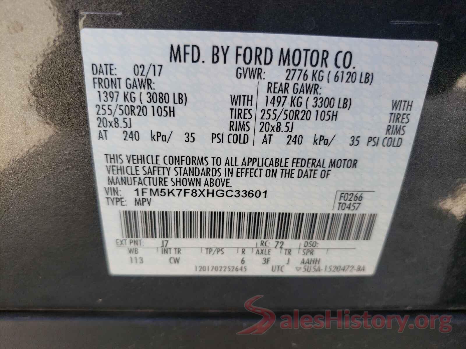 1FM5K7F8XHGC33601 2017 FORD EXPLORER