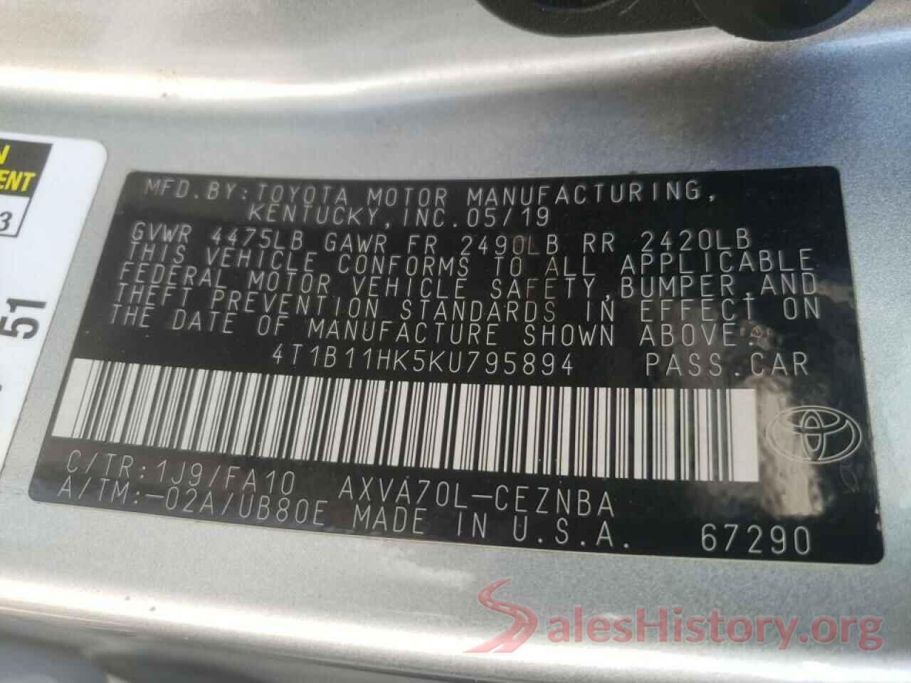 4T1B11HK5KU795894 2019 TOYOTA CAMRY