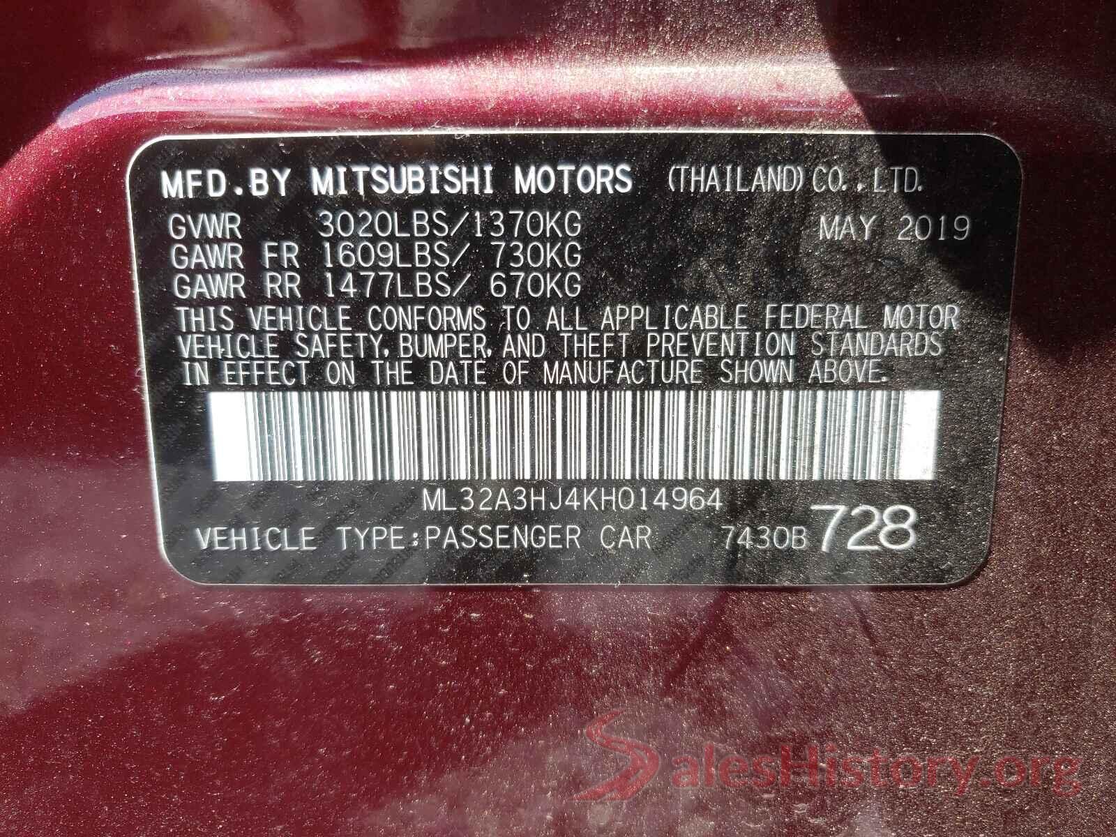 ML32A3HJ4KH014964 2019 MITSUBISHI MIRAGE