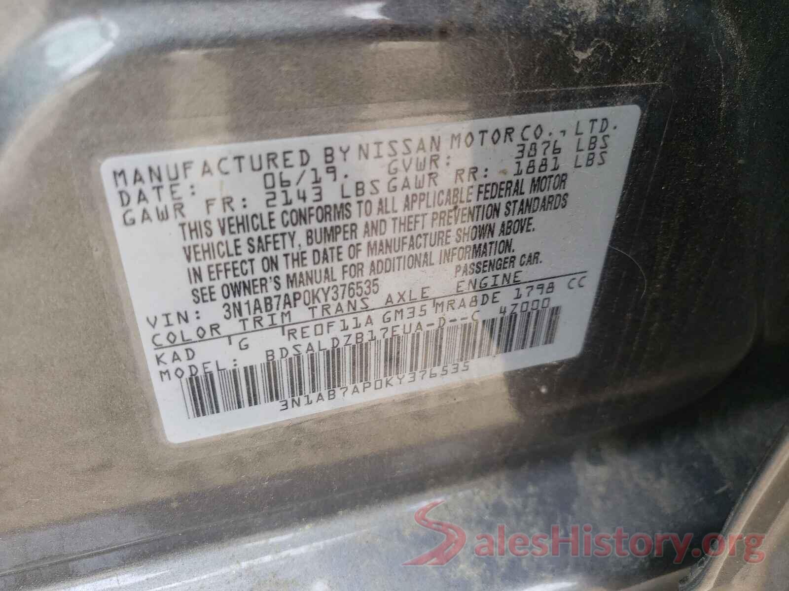 3N1AB7AP0KY376535 2019 NISSAN SENTRA