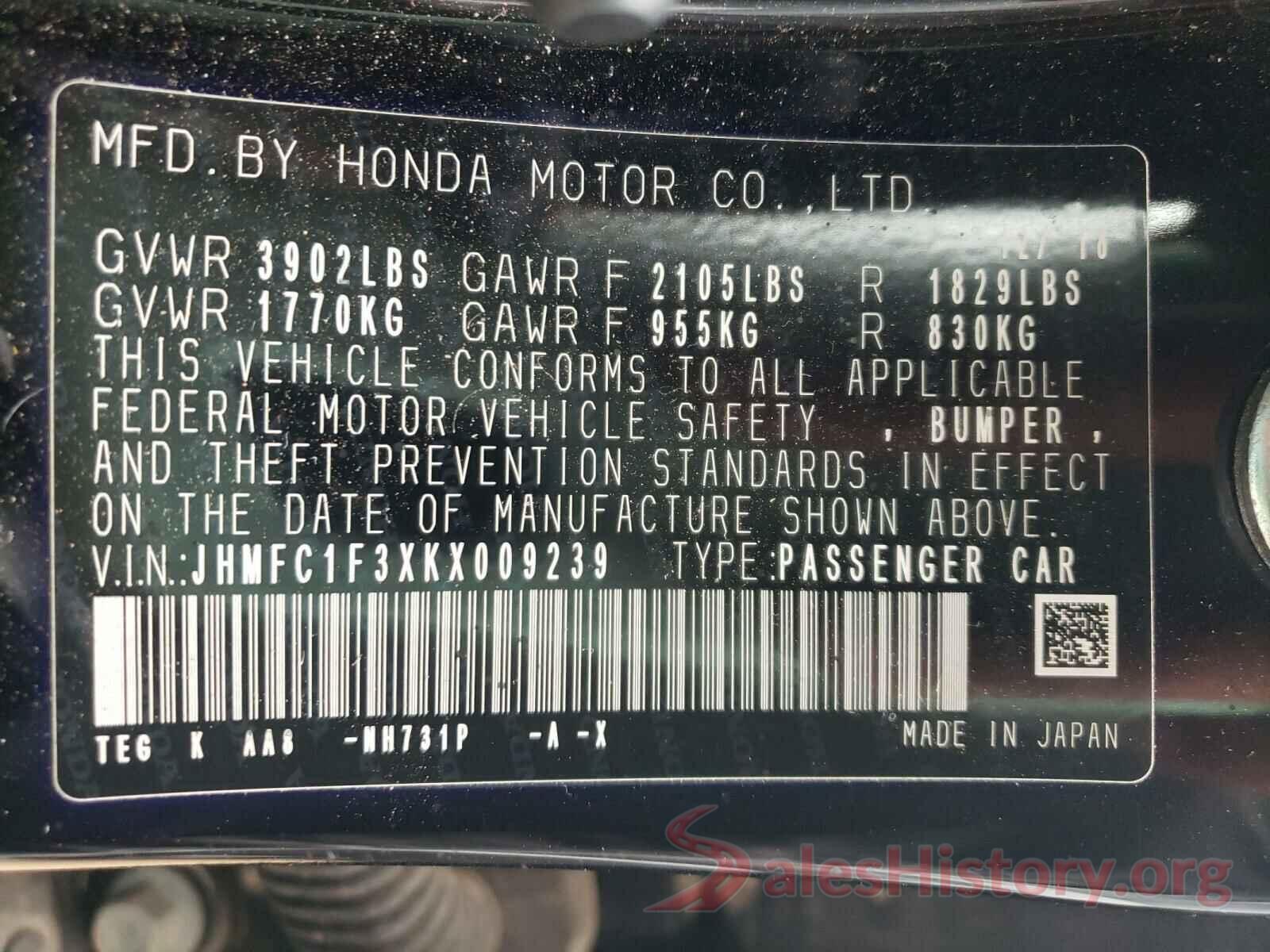 JHMFC1F3XKX009239 2019 HONDA CIVIC