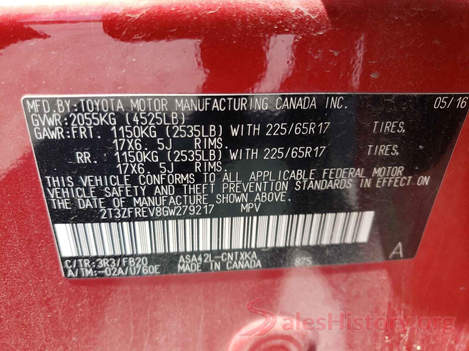 2T3ZFREV8GW279217 2016 TOYOTA RAV4