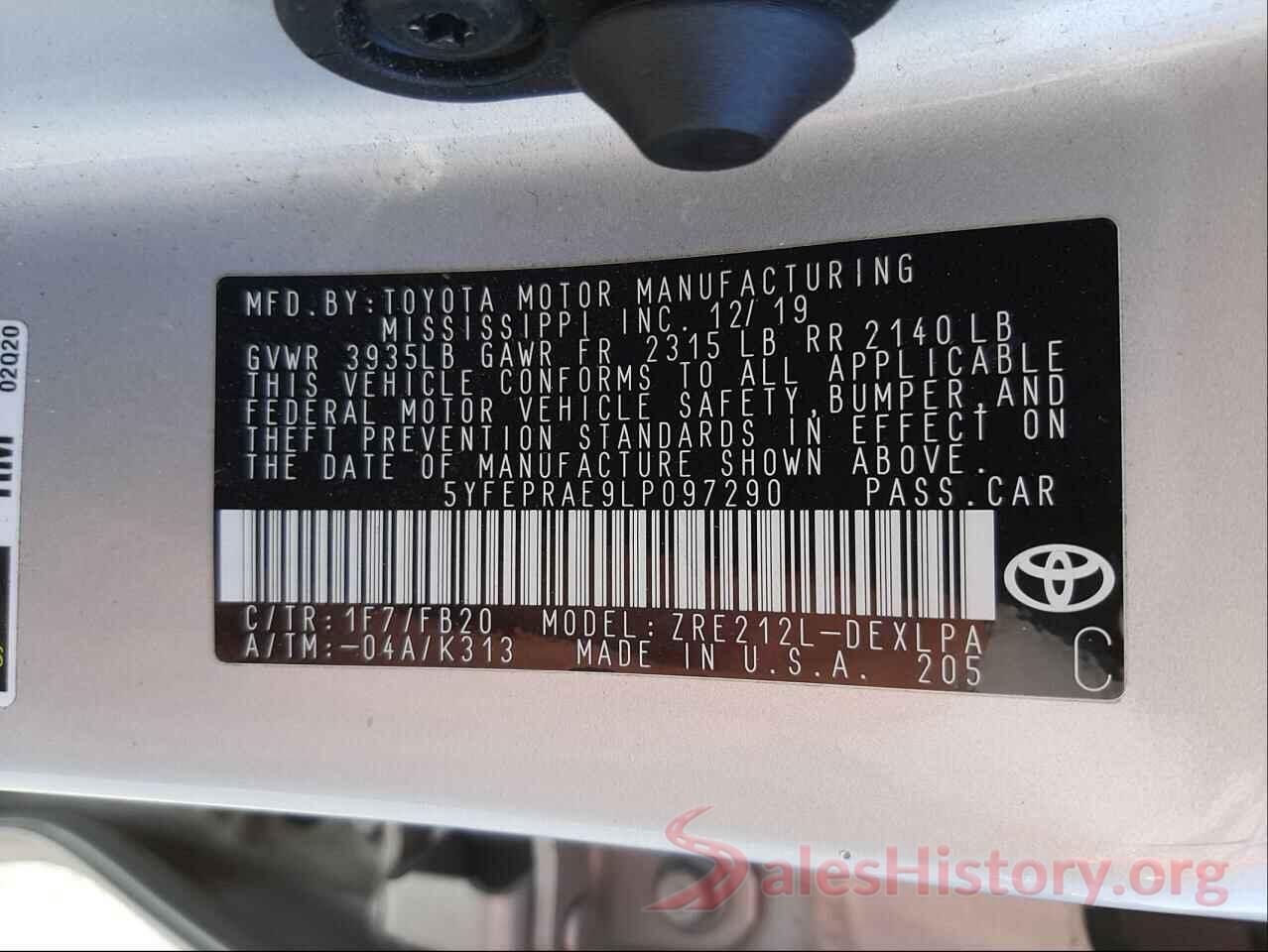 5YFEPRAE9LP097290 2020 TOYOTA COROLLA