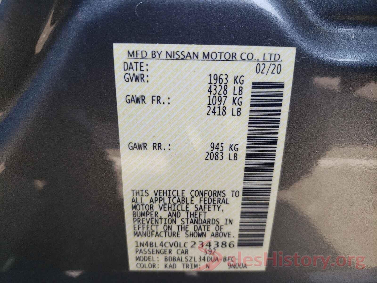 1N4BL4CV0LC234386 2020 NISSAN ALTIMA