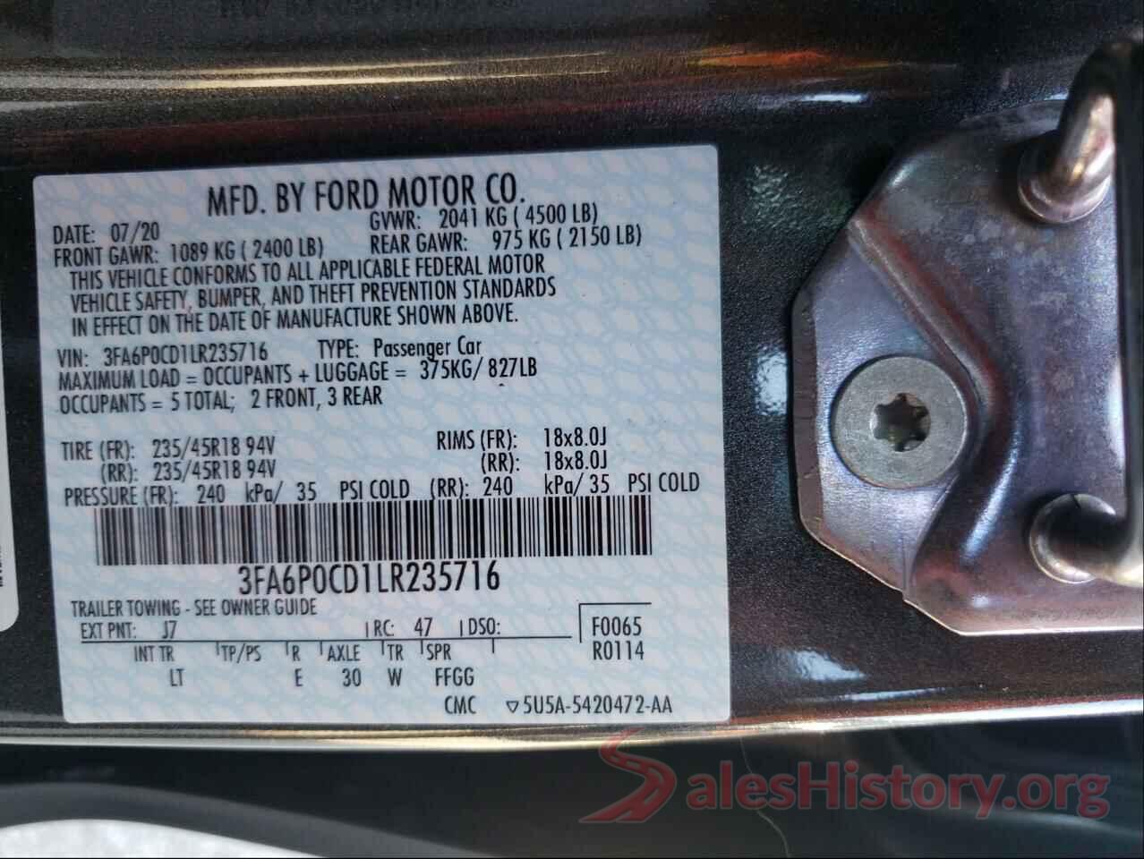 3FA6P0CD1LR235716 2020 FORD FUSION