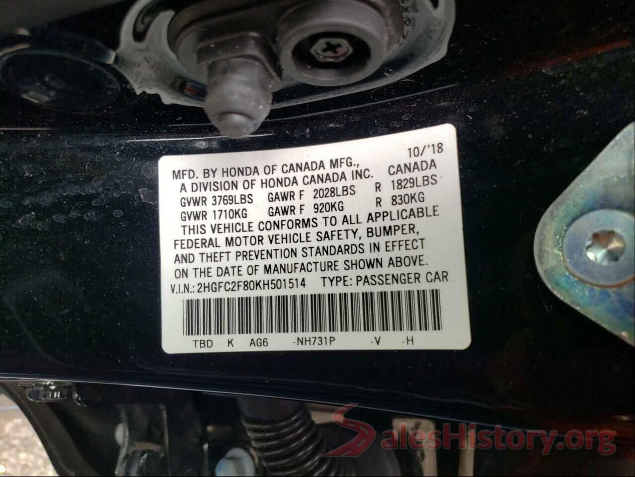 2HGFC2F80KH501514 2019 HONDA CIVIC