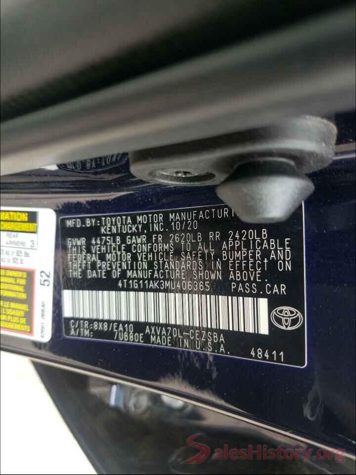 4T1G11AK3MU406365 2021 TOYOTA CAMRY