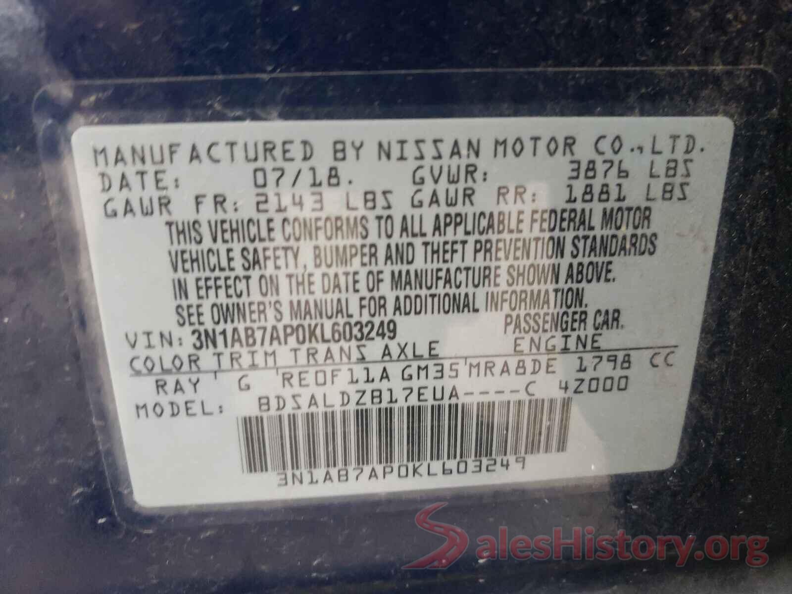 3N1AB7AP0KL603249 2019 NISSAN SENTRA