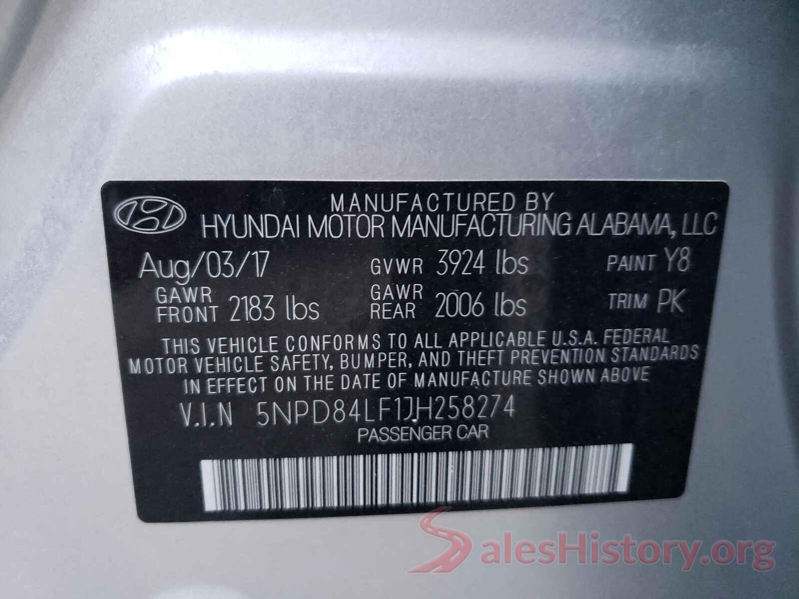 5NPD84LF1JH258274 2018 HYUNDAI ELANTRA