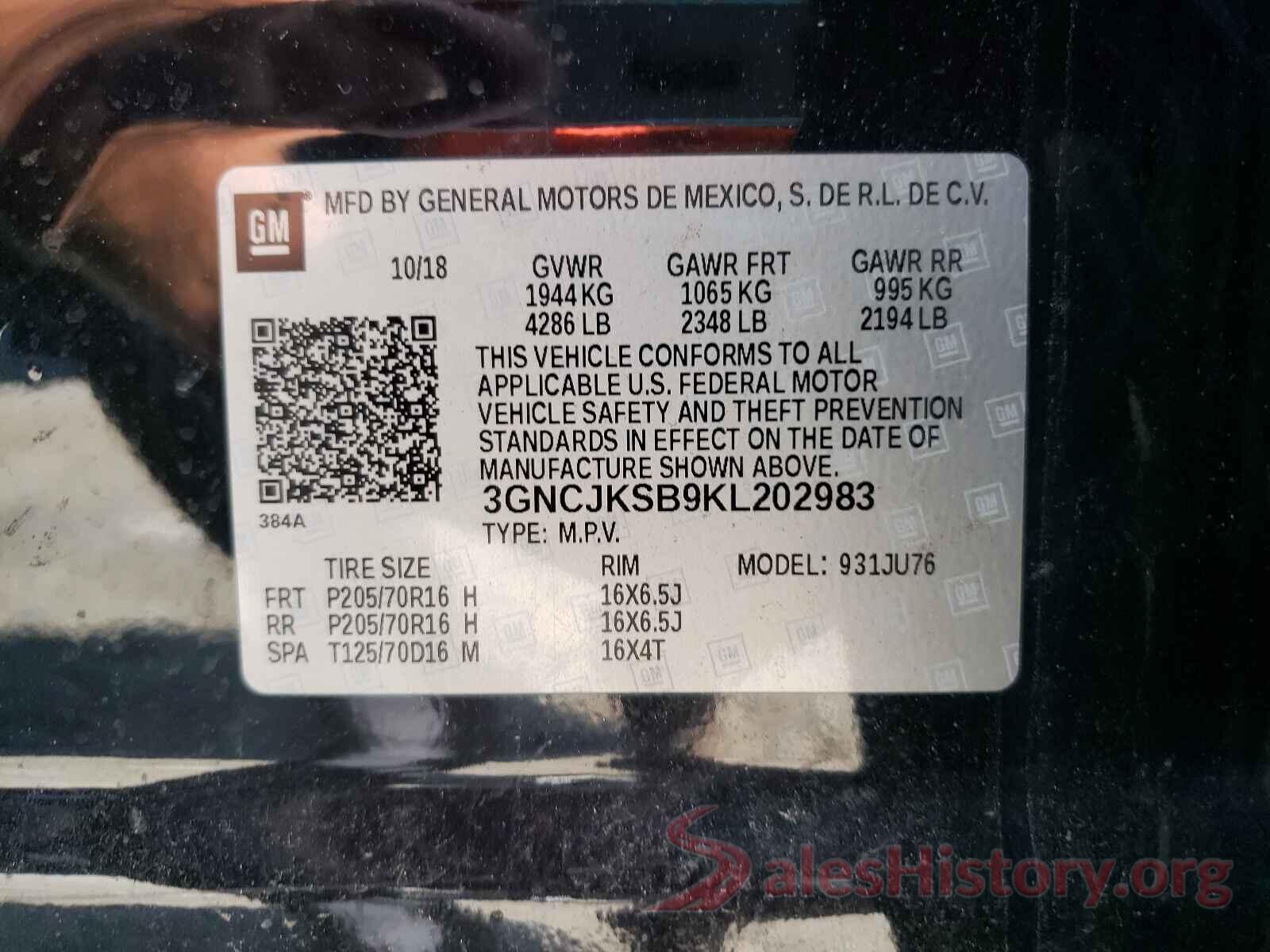 3GNCJKSB9KL202983 2019 CHEVROLET TRAX